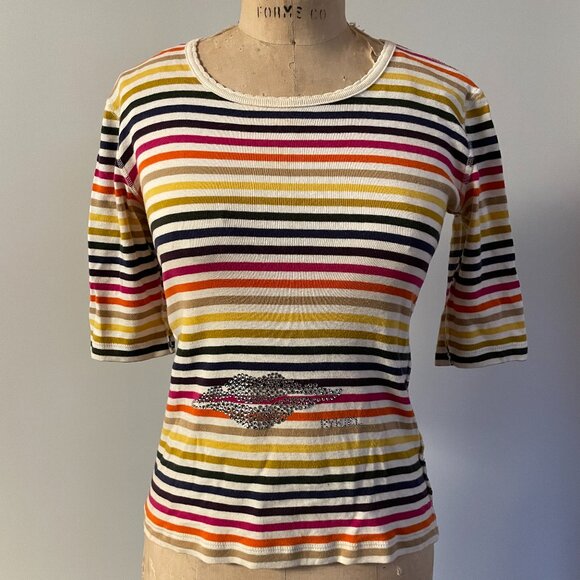 Sonia Rykiel Tops - 90s Sonia Rykiel Rainbow Stripe Rhinestone Babydoll T-shirt Crewneck Medium